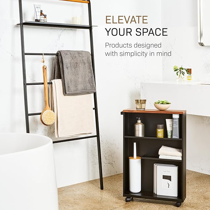 YAMAZAKI Home Slim Rolling Storage Cart – Narrow Bathroom Storage Cabinet with Handle, Slim Bathroom Storage Cart with Wheels, Easy Assembly, Steel + Wood, Black