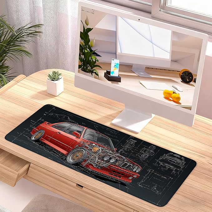 Retro Car Blueprint Mouse Pad – Large Extended Desk Mat 31.5 x 11.8 in – Classic Red Tuner Car Cutaway with Engine Diagram, Waterproof Surface, Non-Slip Rubber Base, Keyboard & Mouse Pad