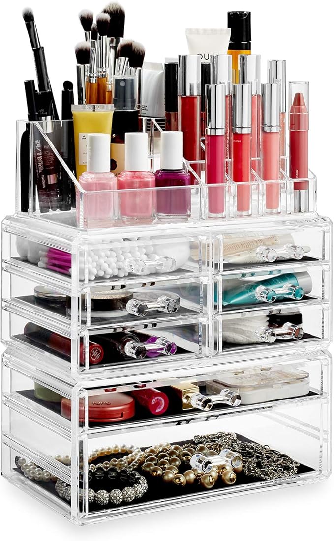 Casafield Acrylic Cosmetic Makeup Organizer & Jewelry Storage Display Case - 3 Piece Drawer Set - Clear
