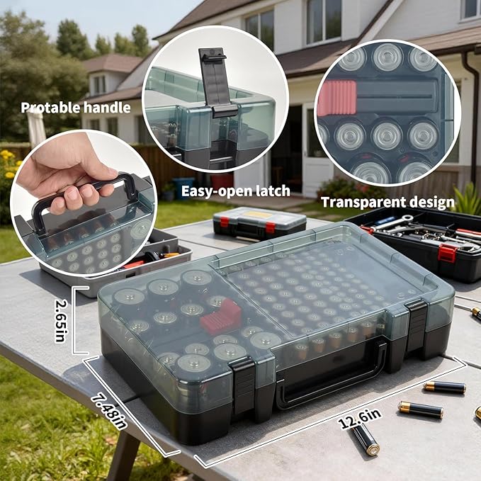 Battery Organizer with Tester, Battery Box Holder for 120+ AA AAA C D 9V 3V Lithium LR44 CR2 CR123 CR1632 18650 Batteries with Wall-Mounted Design (Black)