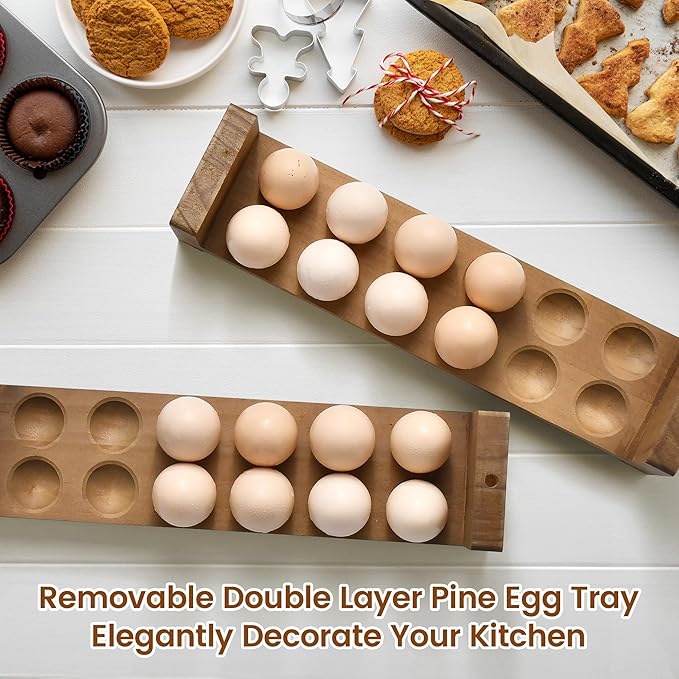 Double Layer Egg Tray Holder Countertop - Wooden Fresh Egg Rack Stackable Storage Basket, 2 Tier Egg Organizer for Farmhouse Kitchen Refrigerator
