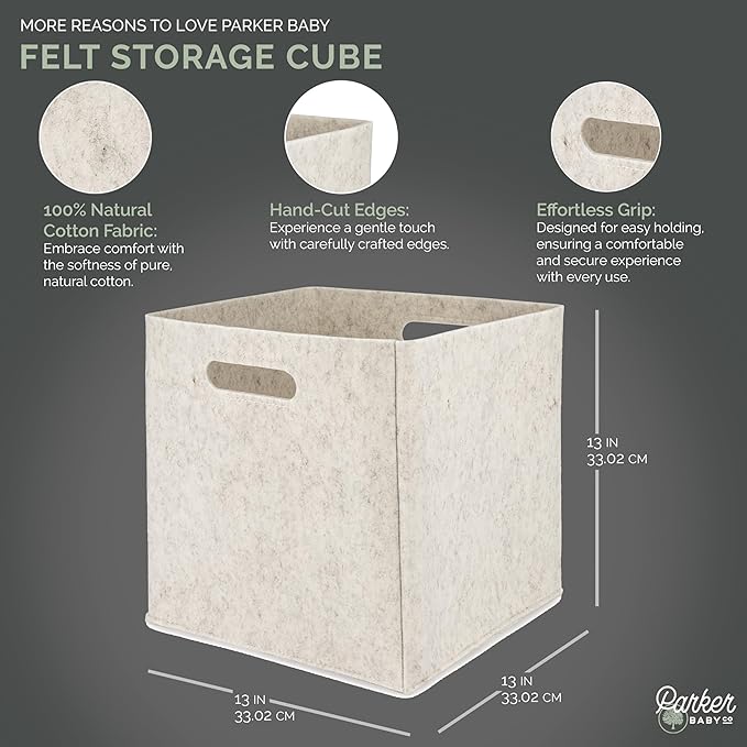 Parker Baby Co. Felt Foldable Storage Cube Bin - 13 Inch Nursery Organizer for Diapers, Toys, and More - Collapsible Portable Cubby Basket for Storage- Natural Modern Design - Gender Neutral - White