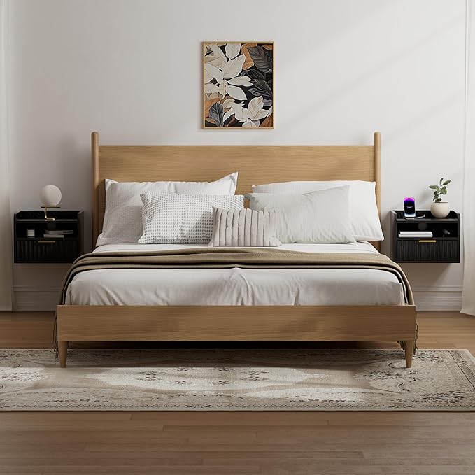 Fluted Floating Nightstands Set of 2 with Drawer, Modern Small Wall Mounted Storage Night Stand with Charging Station, Wood Bedside Table USB C & USB A Ports, Black