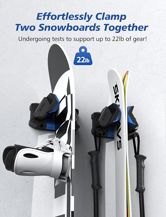 Ski & Snowboard Wall Rack, Ski Wall Mount & Ski Rack Wall Mount for Garage Space-Saving, Winter Gear Organizer, Fits Any Ski or Snowboard, Nonslip Ski Holders, Garage Organization, 4 Pack