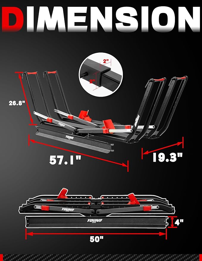 Young Ebike Rack & Brake Light Bundle, 2-Bike Hitch Mount Platform with Ramp, Fits Fat Tire up to 5", Foldable Carrier for Car SUV Truck RV, Waterproof LED Tail Light Kit, FMVSS108 Certified