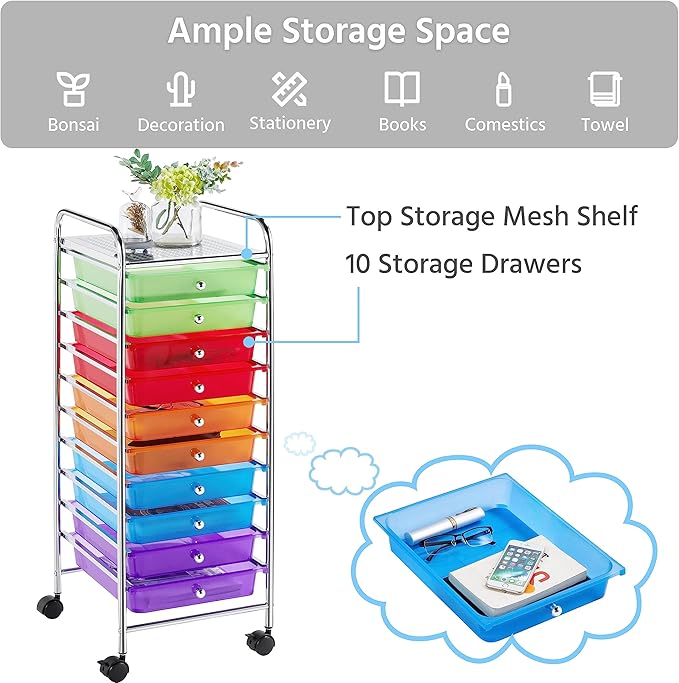 Yaheetech 10 Drawer Cart Rolling Plastic Storage Cart and Organizer Multipurpose Mobile Rolling Utility Storage Organizer for Home Office School and Workshop, Multicolor