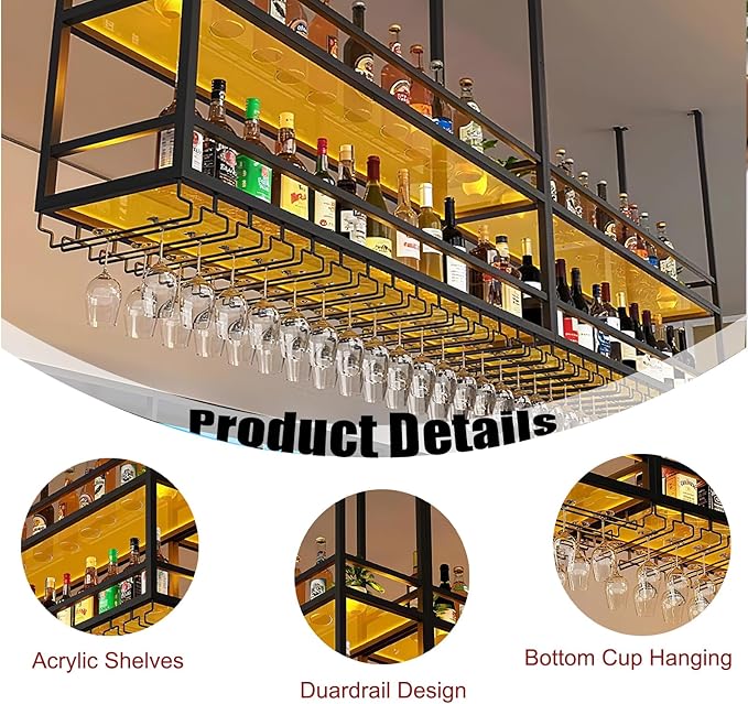 39.3IN Acrylic Ceiling Wine Glass Rack with Transparent Shelves, Hanging Wine Rack with Glass Holder and LED lights, 2 Layer Ceiling Bottle Holder Shelf for Bar Kitchen Decorate (39.3in/100cm)