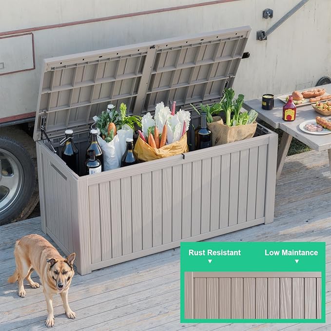 200 Gallon Large Deck Box,Resin Outdoor Storage Box with Lockable for Patio Furniture, Garden Tools Waterproof Outside Storage Box, (Grey)