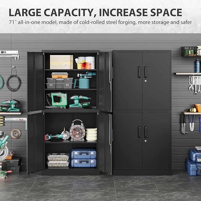 Metal Storage Cabinet with 3 Adjustable Shelves and 4 Doors,71" Garage Storage Cabinet with Lock,Black Metal Cabinets with Locking Doors,Steel Tool Cabinets,Lockable Cupboard for Home,Office,Garage