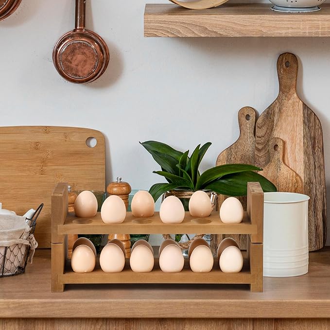 Double Layer Egg Tray Holder Countertop - Wooden Fresh Egg Rack Stackable Storage Basket, 2 Tier Egg Organizer for Farmhouse Kitchen Refrigerator