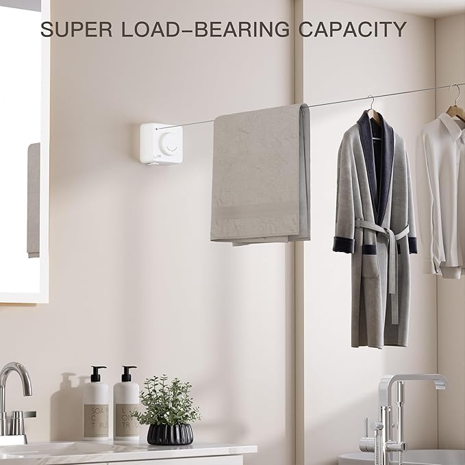 Retractable Clothesline Indoor Outdoor,Clothes Line Retracting Indoor, Retractable Clothes Line Wall Mounted Drying Rack Clothing Line, Laundry Line with Stainless Steel Line-15.1 Feets(White)