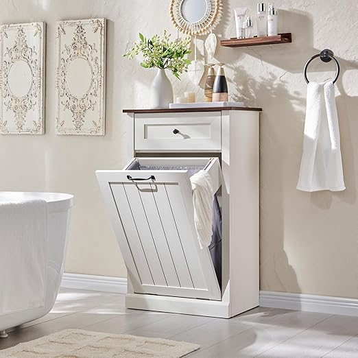 Tilt Out Trash Can Cabinet, 10 Gallon Farmhouse Laundry Hamper Cabinet with Drawer, Hidden Wooden Trash Garbage Can Bin with Storage Basket for Kitchen, Living Room (Antique White)
