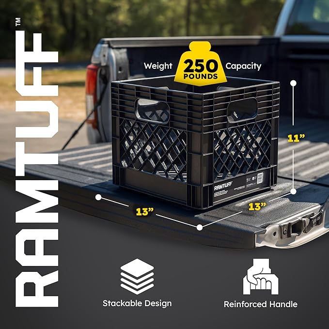 Ramtuff 2 Pack Storage Milk Crate, Durable Plastic Home Organizers, Stackable Box Set with Reinforced Handles, 250 lb Load Capacity, Black