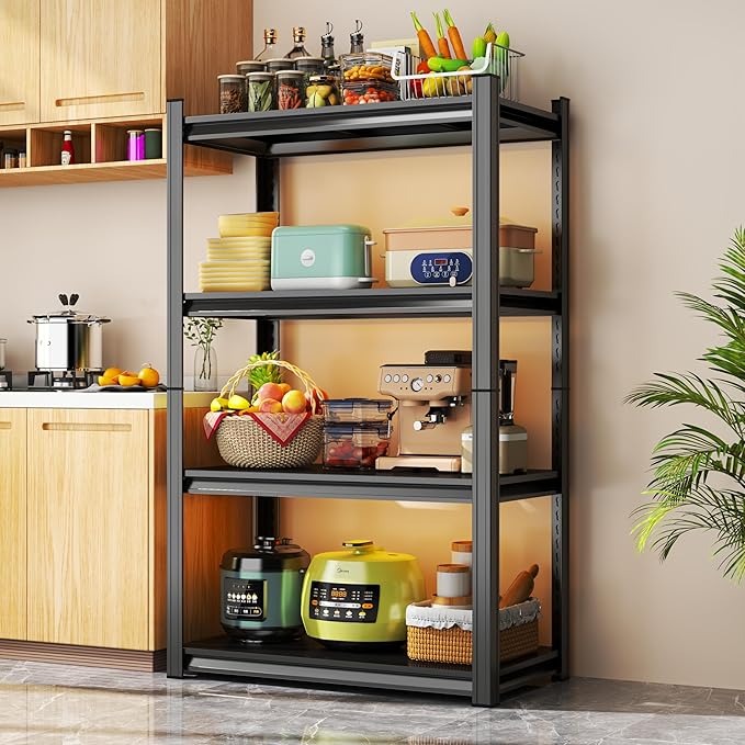 Storage Shelves, Garage Metal Shelving Unit, Adjustable, Double-Layer Column with Reinforced Ribs, Heavy-Duty, Capable of Bearing 600-3600 lbs (Black, 45''W*20''D*63''H, 4-Tier)