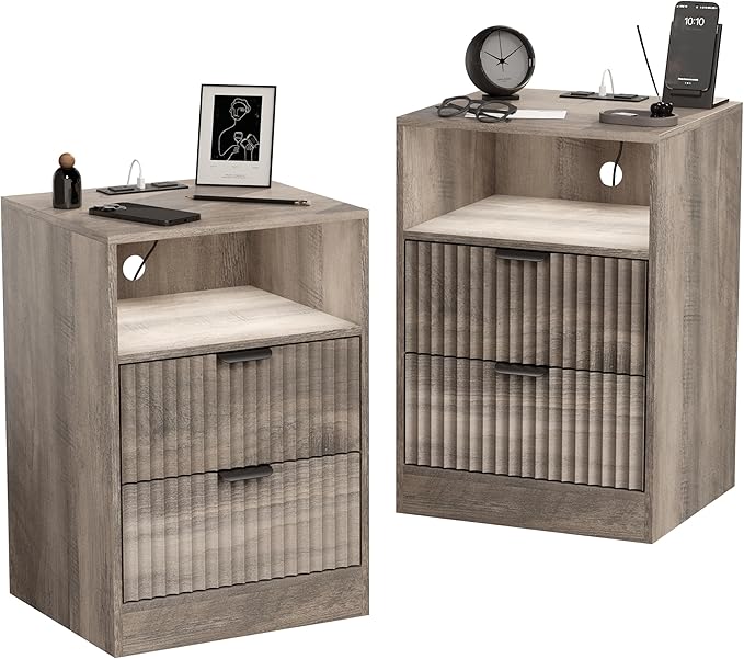 LED Nightstand with Charging Station, Fluted Nightstand Set of 2, Wood Nightstands with 2 Drawers & Metal Handles, Modern Bedside Table & End Tables, Farmhouse Night Stands for Bedroom, Grey
