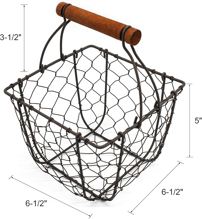 CVHOMEDECO. Square Chicken Wire Egg Basket Fruit Basket with Wooden Handle Primitives Vintage Gathering Basket. Rusty