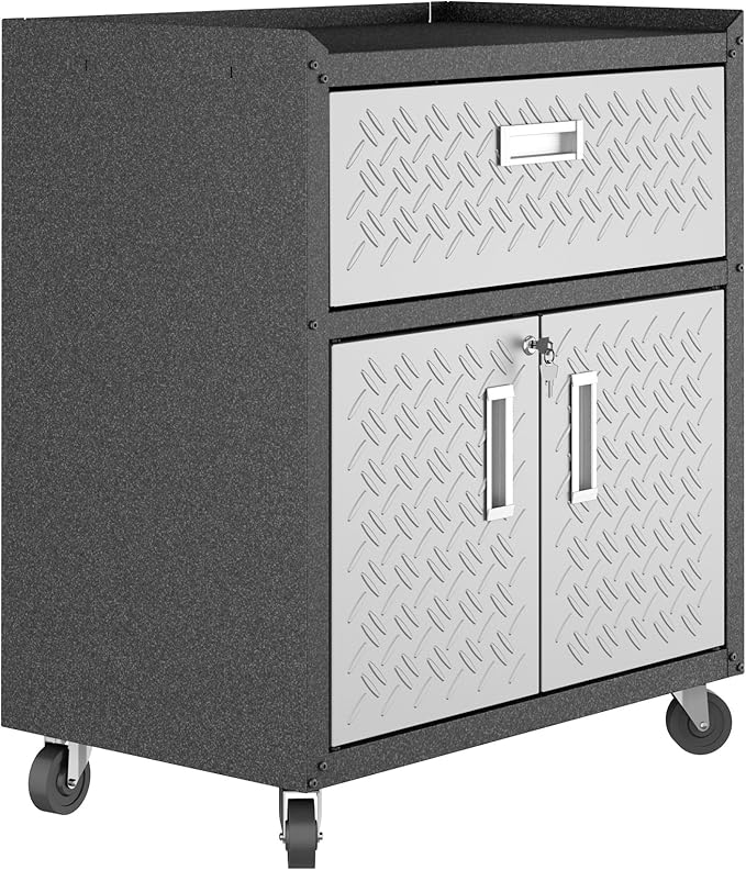 Manhattan Comfort Fortress Collection Modern Designed Mobile Storage Garage Cabinet Great For Tools and Supplies, Stainless Steel