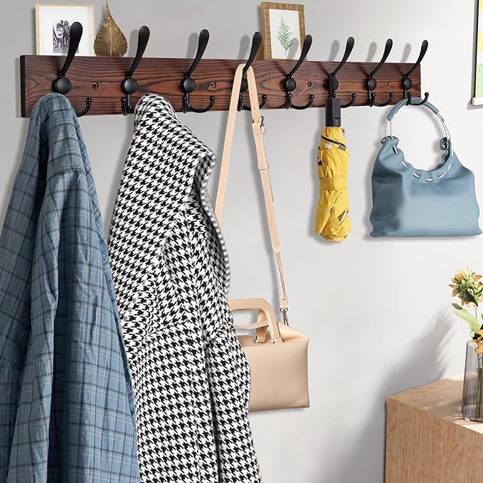 32.2'' Large Coat Rack Wall Mount Coat Hooks Coat Hanger with 8 Metal Black Triple- Hooks Brown Pine Real Wood Plank Hat Rack for Wall Hooks for Hanging Coat Hat Jacket