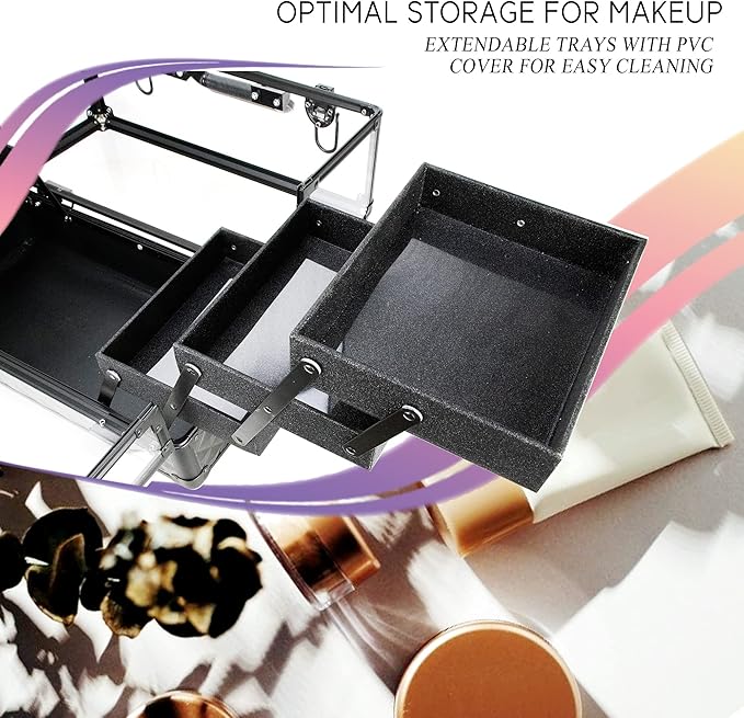 Ver Beauty Makeup Train Case 14 inch Armored Acrylic Large Portable Cosmetic Case 6 Trays Professional Storage Organizer Box Make Up Artist Jewelry Nail Kits Crafts Display Brush Holder- Black