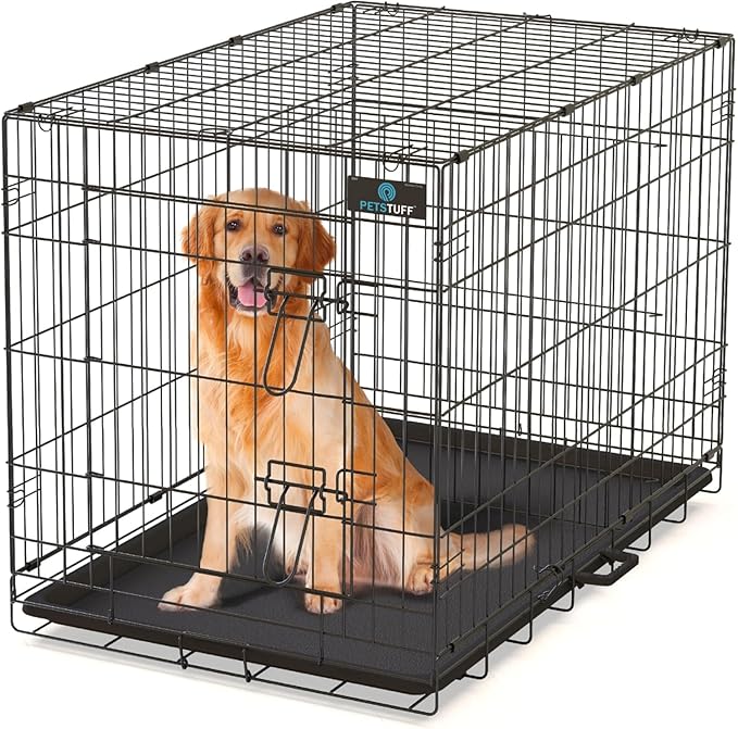 PetsTuff Great CRATES 42” X-Large Dog Crate - Heavy-Duty Dog Kennel with Divider Panel for Pets 65-85lbs - Durable Leaf-Proof Tray - Foldable, Carry Handle & Wheels for Easy Moving