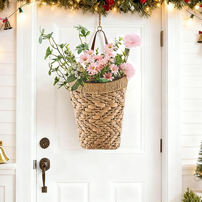 Handwoven Front Door Basket Water Hyacinth Wall Hanging Basket Decorative Boho Mounted Organizer for Dried Flower Plants Storage Basket for Garden, Home, and Farmhouse Décor