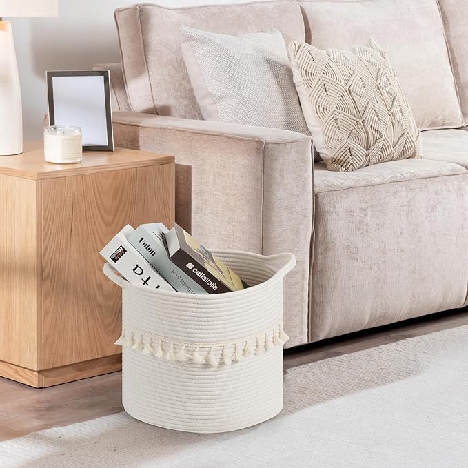 danpinera Baskets for Organizing, 3 Pack White Storage Baskets for Shelves with Tassel, 13 Inch Round Woven Baskets for Storage in any Room