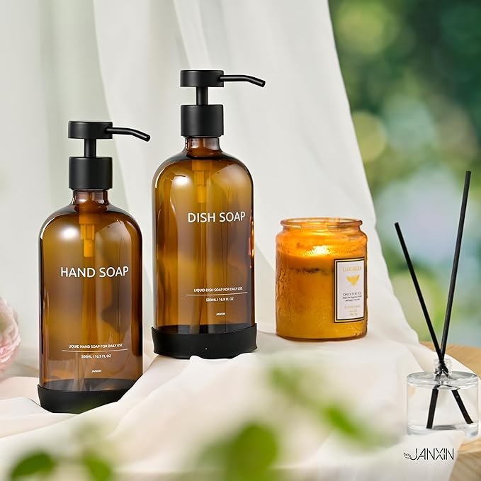 Glass Kitchen Soap Dispenser Set with Ceramic Tray,16.9 floz Hand and Dish Soap Dispenser for Kitchen and Bathroom Decor (Amber Bottles + Black Pumps)