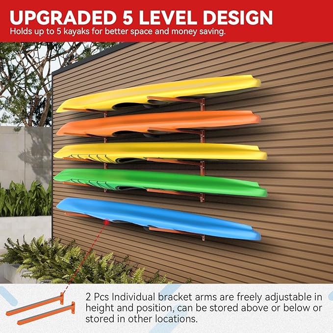 Kayak Storage Rack Wall Mount Adjustable 5 Levels Kayak Rack Wall Hanger Holder for Paddle Boards Surfboard Canoe Kayak Paddle Holder for Garage Indoor Outdoor