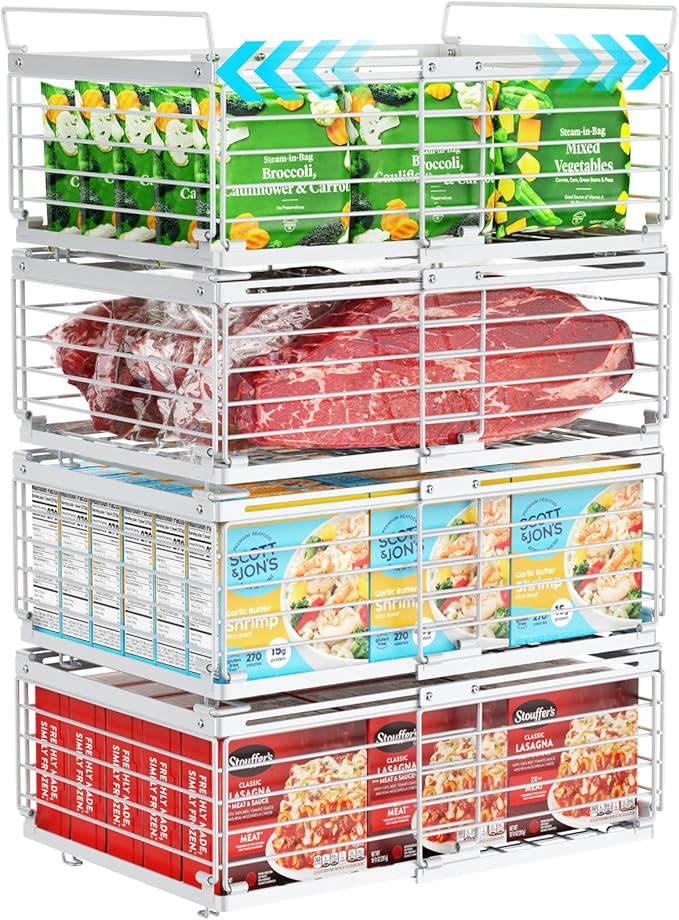 iSPECLE Freezer Organizer Bins - Fit 10 to 20 Cu.FT Deep Freezer, 4 Pack Large Expandable Stackable Chest Freezer Organizer Sort Frozen Food and Easily Get with Handle, Improve Air Circulation, White
