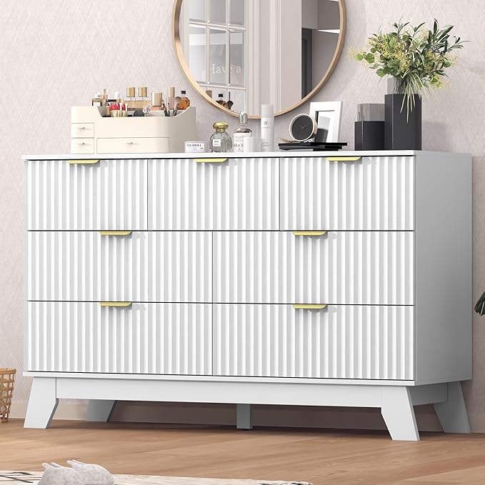 Fluted Dresser for Bedroom,7 Drawer Dresser for Closet,Storage Cabinet and Chest of Drawers with Gold Handle,TV Stand,Storage Organizer for Living Room,Hallway,Entryway,White