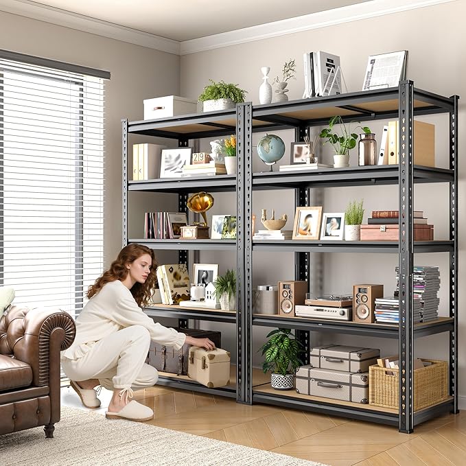 Set of 2 Storage Shelves 27.7"W Metal Shelving 2010LBS Garage Shelving Heavy Duty Garage Shelves Adjustable 5 Tier Metal Shelf for Pantry Kitchen Closet Basement Warehouse 11.9"D×27.7"W×60"H