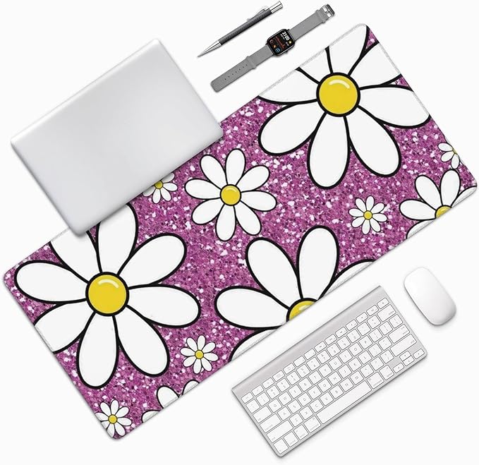 Purple Sparkling Daisy Large Mouse Pad, Flowers Gaming Desk Mat, XXL Keyboard Desk Pad Mat for Desktop, 35.4"x15.7" Non-Slip Base Big Mousepad with Stitched Edges