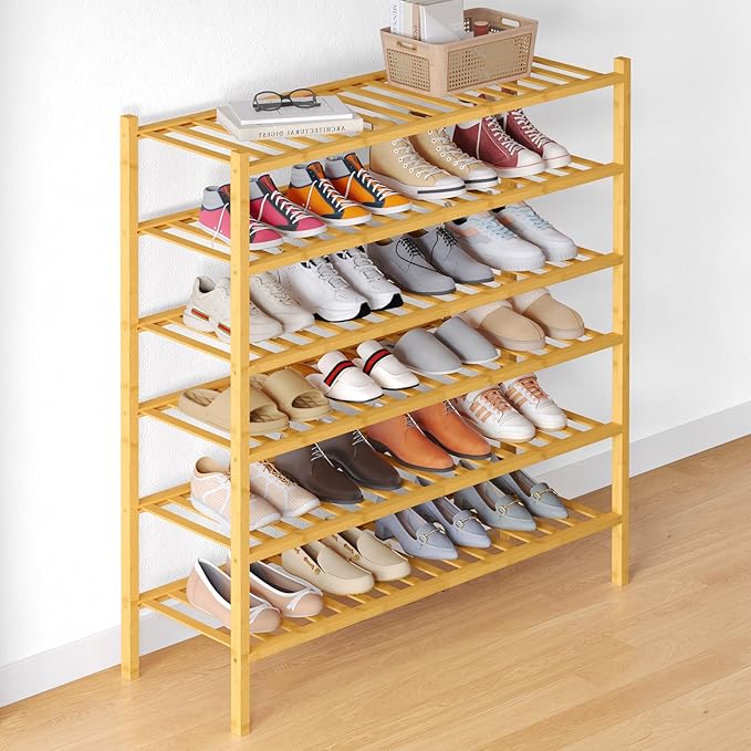 Smiry Bamboo Shoe Rack for Closet, 6 Tier Long Wooden Stackable Shoe Organizer, Free Standing Shoes Storage Shelf for Entryway, Front Door Entrance, Natural