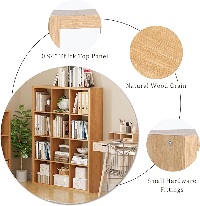 Cube Storage Organizer Bookcase, Decorative 11 inch Open Back Cubical Shelf with Thickened Border, Display Bookshelf for Living Room, Home Office, Sturdy Room (Natural Oak, 12 Cube)
