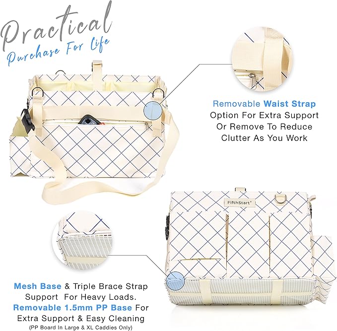 FifthStart Professional Cleaning Caddy - Heavy-Duty Organizer Tote with Adjustable Compartments, Mesh Base, 9 Pockets & Shoulder Strap for Cleaning Supplies (Blue Check, LArge)