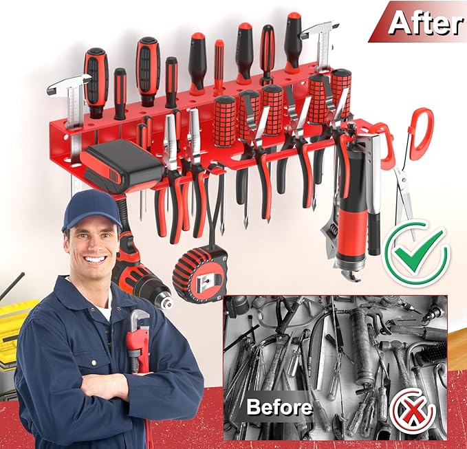 Metal Screwdriver Organizer, Wall Mount Plier Organizer Hammer Holder, Hand Tool Storage Rack for Garage Workshop Workbench(Red, 1PC)