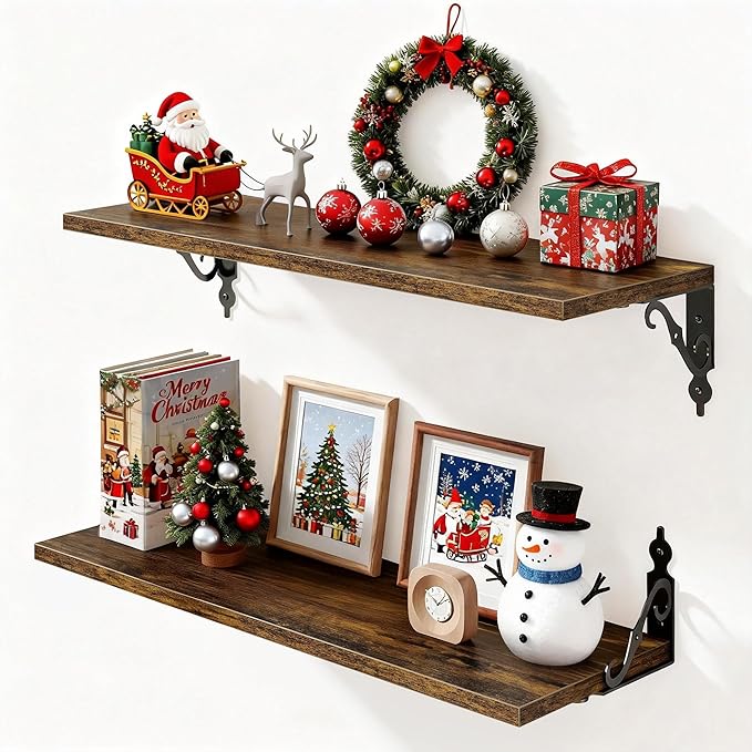 Floating Shelves for Wall, 24"W x 8"D Wall Shelves, 8 Inch Deep Floating Shelf with Bracket, 24 Inch Floating Shelves for Living Room and Bathroom, Display & Storage Shelves, Rustic Brown, Set of 2