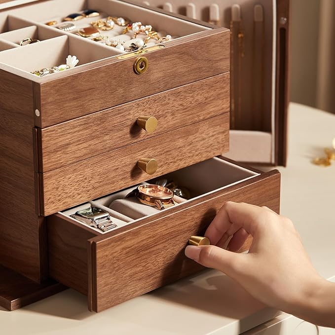 Black Walnut Wooden Jewelry Box, Wood Jewelry Organizer with 2 Side Doors Mirror Lockable Classical Style for Watch Necklace Ring Earring Storage Christmas Gifts-4 Layer