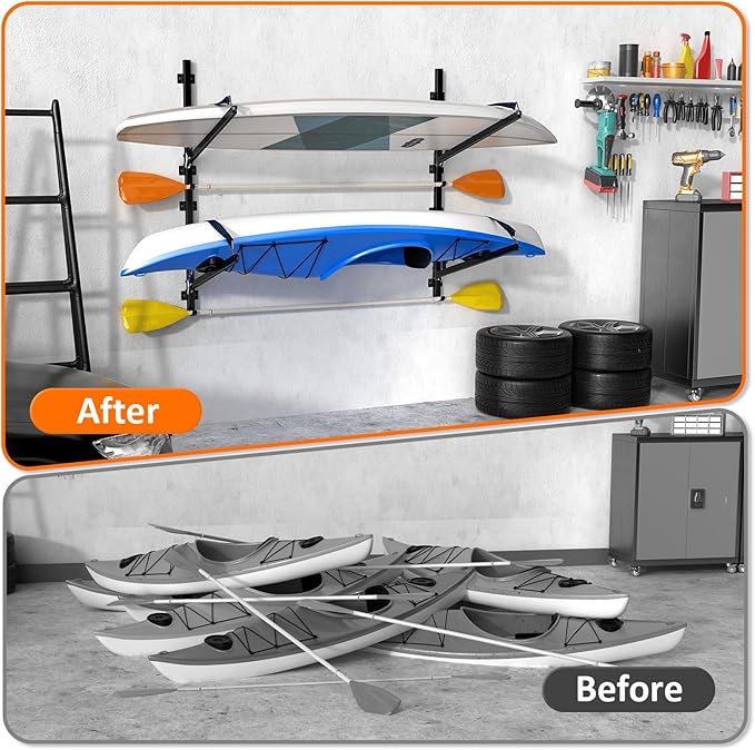 Kayak Storage Rack for Garage Wall Mount - Heavy L-Frame Holder with Anti-Slip Bungee & Complete Installation Kit, Supports 150LB (Fits Canoe/Paddle Board, Black)