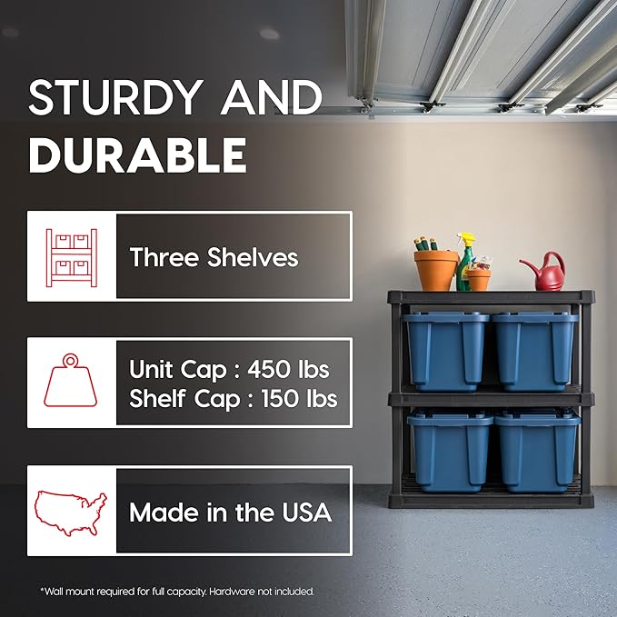 IRIS USA 3-Shelf Heavy Duty Plastic Storage Shelves, 450lb Capacity, 38" H x 36" W x 18" D, Large Modular Shelving Unit Storage Organizer for Garage, Home, Warehouse & Gym, Storage Rack - Black