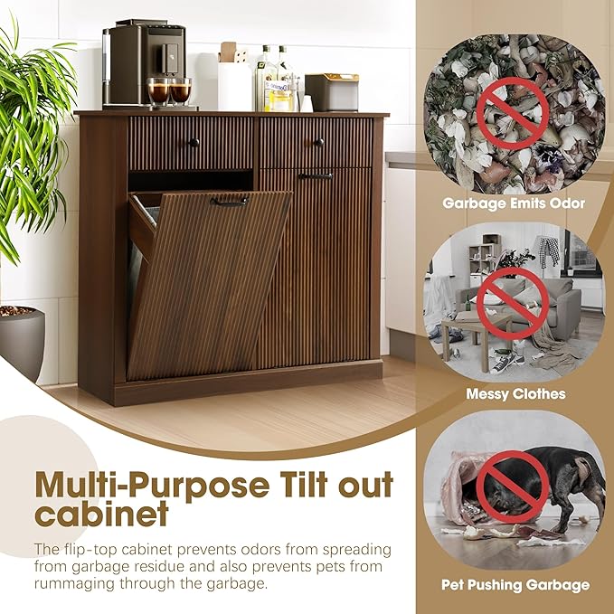 Grepatio Tilt Out Fluted Laundry Hamper Cabinet, 22 Gallon Double Hidden Laundry Hamper, Wooden Trash Can Cabinets with 2 Drawers, Modern Garbage Can Cabinet for Bathroom, Kitchen (Brown, Double)