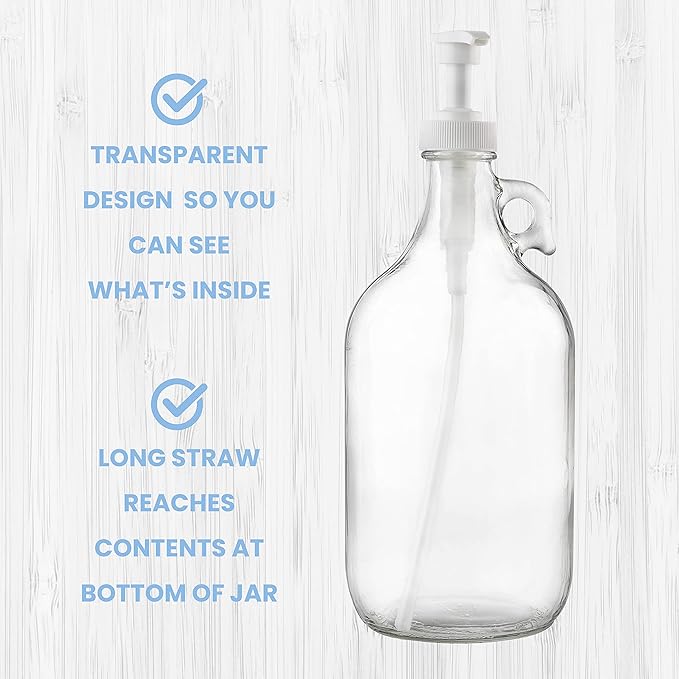 kitchentoolz Half Gallon Glass Pump Dispenser Bottle, Large Jug with Pump for Laundry Soap Dispenser, Liquid Detergent, Fabric Softener, Syrup Pump - 64 oz Made in USA