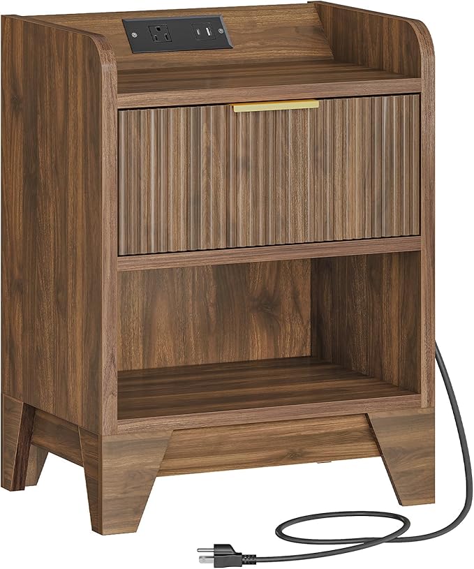 HOOBRO Fluted Nightstand with Charging Station, End Table with Hidden Drawer, Modern Bedside Table, Wooden Night Stand for Bedroom, Study, Dark Walnut WL351UBZ01