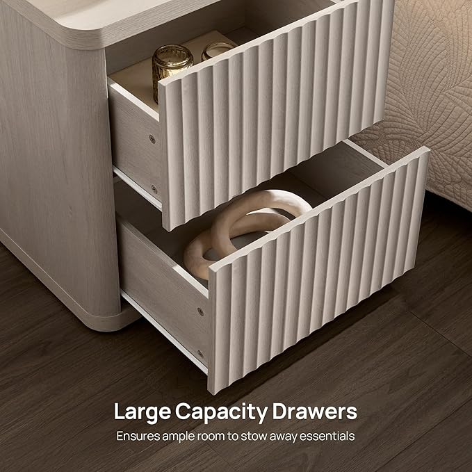 SICOTAS Night Stand Set of 2 Nightstands with 2 Drawers Storage Bedside Table Large Fluted Bed Side End Table Modern 24.4" Tall Wide Night Stands for Bedroom Living Room Sofa Couch Office, White Alder