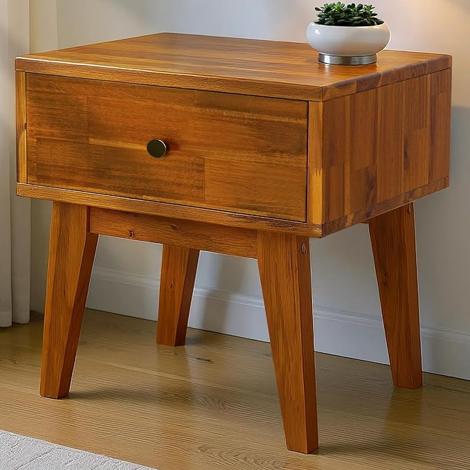 Acacia Sofia Nightstand with Drawer, Bedside Table, Solid Wood Bedside End Table with Drawer and Storage Space for Bedroom, Caramel