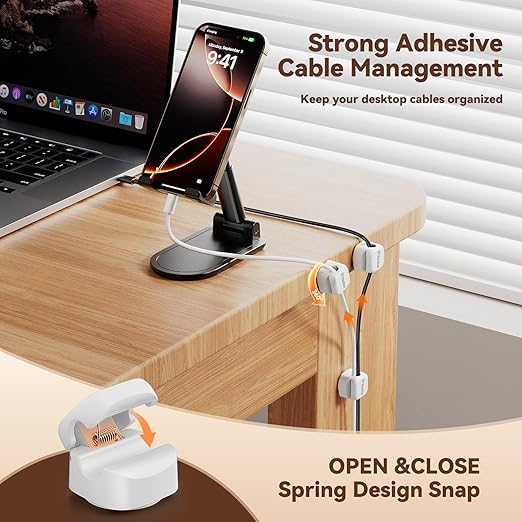 6 Pack Rotatable Cord Organizer,Spring Cable Clips Desk Cable Management Cord Holder Adhesive Phone Charger Cord Clips for Home Office Car Wall Nightstand Accessories White