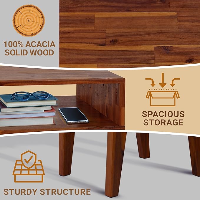 Acacia Serena Nightstand Solid Wood Nightstand with Open Storage Shelf, Wood Bedside Table, Night Stands for Bedroom - Walnut