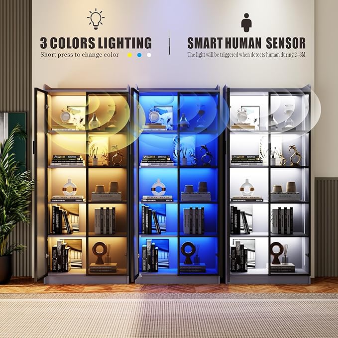 65" Tall Display Cabinet with Doors, Lighted Bookcase with Lights/Human Sensor, 5 Tier Display Case with Adjustable Shelves for Collectibles Bedroom Living Room Office, Grey-Smoked Black Door
