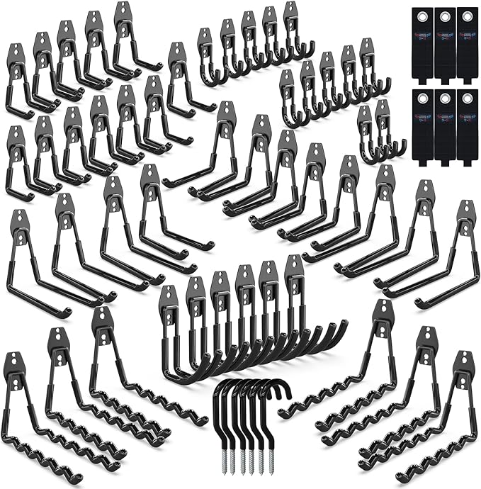 3-H Garage Wall Hooks 60 Pack, Heavy Duty Garage Hooks with Extra Welding Spots, Wall Mount Storage Organizer for Hanging Garden Lawn Tools, Ladder, Bike, WeedEater, Chair, Shovel, Blower (Black)