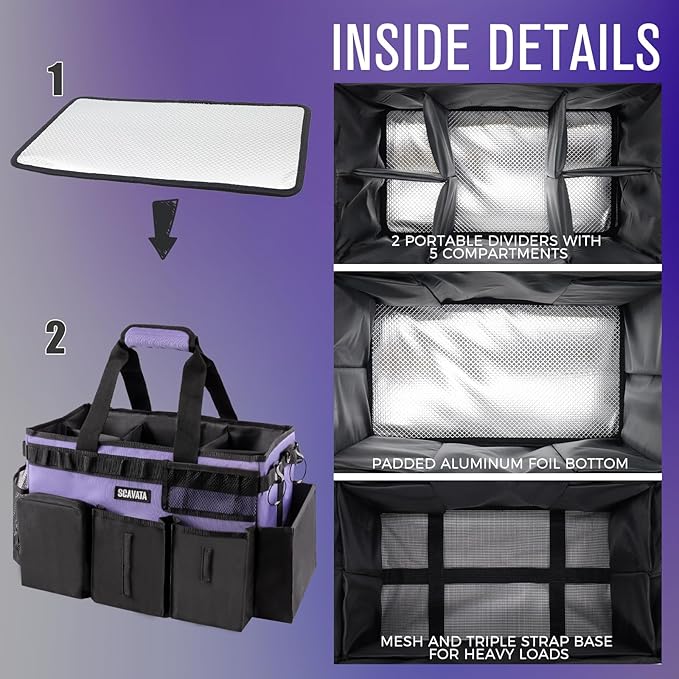 Wearable Cleaning Caddy Bag, Cleaning Caddy Supplies Organizer with Handle & Shoulder Straps for Housekeepers, Under Sink & Car Cleaning Tool Organizers with 4 Foldable Divider (Purple)